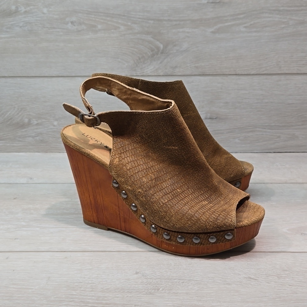 Lucky Brand Women Larae Leather Wedge Sandals shoes sz 7M